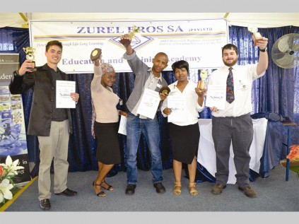 Marno Botha, Stanny Mogaila, Thabo Segooa, Hazel Maboko and AJ de Lange of Zurel Bros SA Private FET College celebrate after they won awards for various subjects.