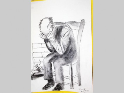 'n Sittende man wat deur Euné Faber geteken is word uitgestal by Mernette Swartz se studentekunsuitstalling by die A.G.S. Taberna Dei Moederkampus in Jorissenstraat. Die uitstalling sal vandag van 11:00 tot 16:00 oop wees vir die publiek.