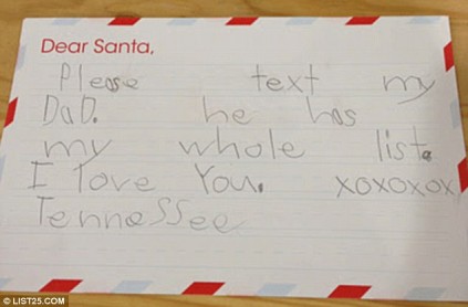 Practical: Tennessee helpfully informs Santa to discuss the Christmas gift selection with her father via text 