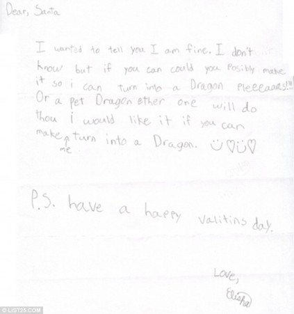Flirty: Elisha, who would like very much to be turned into a dragon, uses the sign-off 'Happy Valentine's Day' 