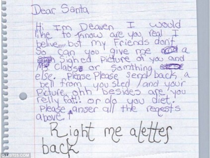 Voicing concerns: Worried Deaven has clearly been told by friends that Santa doesn't exist, so has writted a letter requesting hard evidence, including a photo, a letter and a 'bell from your sled' 