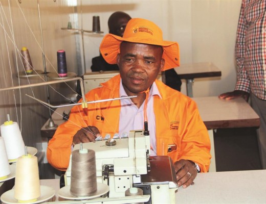 The mayor of Mogalakwena municipality, Malesela Parks Sebatjane showed of his sewing skills at the opening of the Thabaleshoba Village CWP Sewing Project last Wednesday.