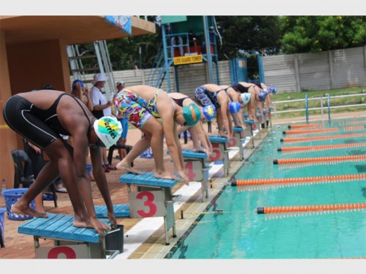 The girls u/13 swimmers take their places before the start of the freestyle round of the trials.