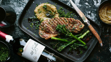 5 MARCH - SATURDAY ENTERTAIN - Grilled sirloin steak with roasted aubergine puree and gremolata