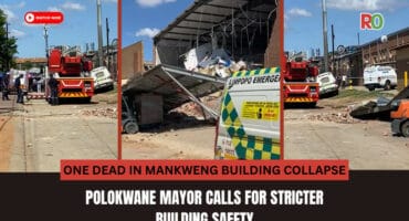 A news graphic overlaying a photograph of a partially collapsed brick building in Mankweng, surrounded by fire trucks and emergency vehicles. The text reports: "ONE DEAD IN MANKWENG BUILDING COLLAPSE" and "POLOKWANE MAYOR CALLS FOR STRICTER BUILDING SAFETY."
