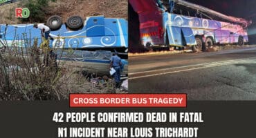 A news graphic featuring two images of a blue and white passenger bus that crashed near Louis Trichardt: the left shows the bus on its side down an embankment in daylight, and the right shows the bus on its side on the road at night with heavy damage. A red banner headline reads "CROSS BORDER BUS TRAGEDY" with the text "42 PEOPLE CONFIRMED DEAD IN FATAL N1 INCIDENT NEAR LOUIS TRICHARDT."
