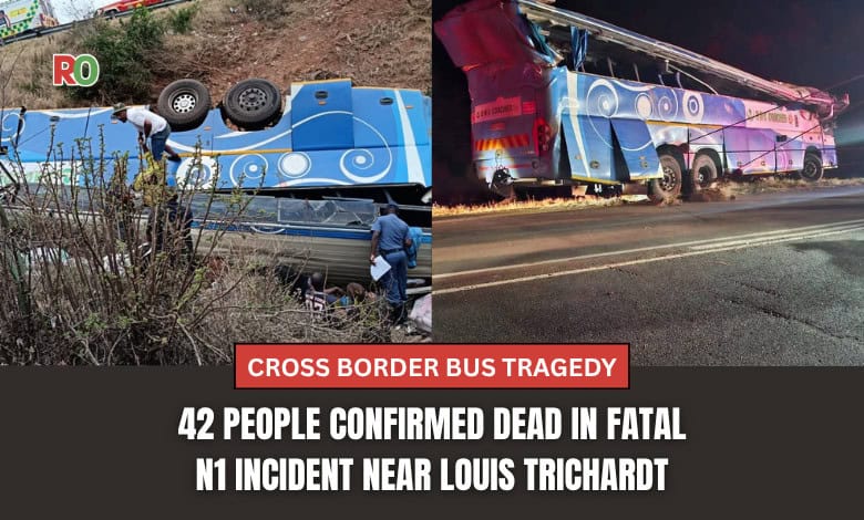 A news graphic featuring two images of a blue and white passenger bus that crashed near Louis Trichardt: the left shows the bus on its side down an embankment in daylight, and the right shows the bus on its side on the road at night with heavy damage. A red banner headline reads "CROSS BORDER BUS TRAGEDY" with the text "42 PEOPLE CONFIRMED DEAD IN FATAL N1 INCIDENT NEAR LOUIS TRICHARDT."