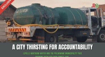 A news graphic reporting on the Polokwane water crisis, featuring a flatbed truck carrying two large, dark-green water tanks in a residential area at dusk. The text reads: "A CITY THIRSTING FOR ACCOUNTABILITY" and "LEPELLE NORTHERN WATER AND THE POLOKWANE MUNICIPALITY FACE GROWING BACKLASH OVER EMPTY TAPS."