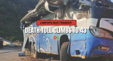 A news graphic overlaying a photograph of a severely damaged blue and white passenger bus, with its roof ripped open, reports in a red banner: "LIMPOPO BUS TRAGEDY: DEATH TOLL CLIMBS TO 43."