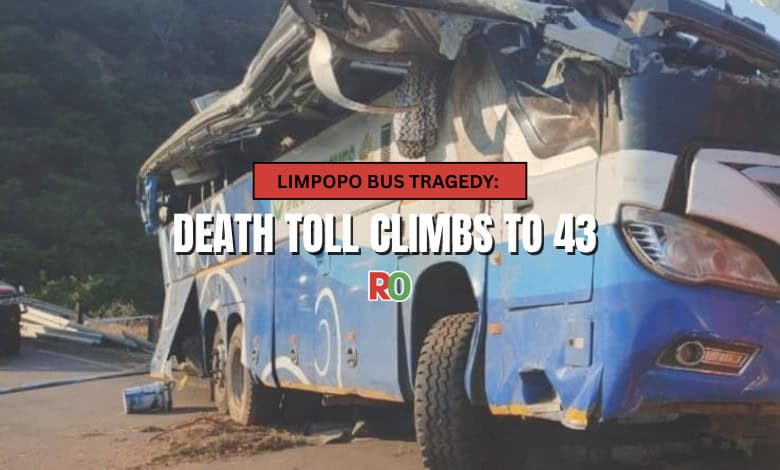 A news graphic overlaying a photograph of a severely damaged blue and white passenger bus, with its roof ripped open, reports in a red banner: "LIMPOPO BUS TRAGEDY: DEATH TOLL CLIMBS TO 43."