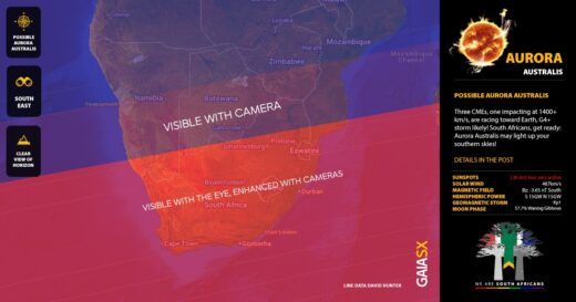 Map of Southern Africa showing a large area, including South Africa, Namibia, and Botswana, highlighted in red and orange to indicate regions where the Aurora Australis may be visible. Text overlaid on the map specifies areas 'Visible with Camera' (northern part of the red/orange band) and 'Visible with the Eye, Enhanced with Cameras' (southern part, including most of South Africa). A sidebar provides the forecast details: "Possible Aurora Australis" due to three CMEs (one at $1400+\text{km/s}$), predicting a G4+ storm likely. It lists current solar wind data: Solar Wind 487 $\text{km/s}$, Magnetic Field $\text{Bz}: -3.65\text{nT}$ South, Hemispheric Power $15\text{GW}$, $\text{Kp}i$ 7, and Moon Phase 57.7% Waning Gibbous.