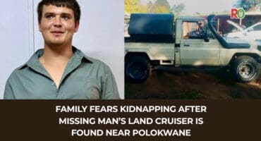 Composite news graphic featuring a photo of missing man Reuben Marsberg next to his white Land Cruiser pickup truck, with a headline about the man missing and his vehicle found near Polokwane.