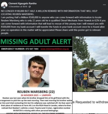 A Facebook post containing a "MISSING ADULT ALERT" poster for Reuben Marsberg (22), qualified Diesel Mechanic from Howick, last seen 26 November 2025 in Limpopo. The poster offers a R500,000 reward for information that helps locate him. It includes a photo of Reuben and mention of his missing cream Toyota Land Cruiser, registration number BV35JTZN.
