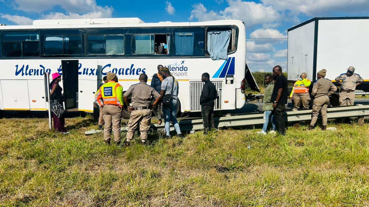 Overloaded Malawian bus stopped on N1 near Botlokwa