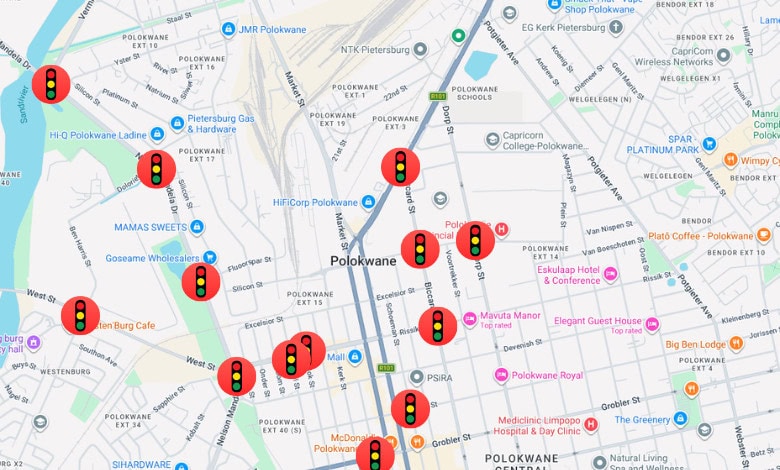 a map with red circles that show where traffic lights are not working