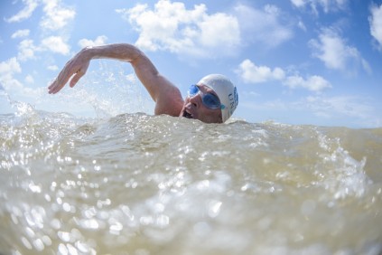 Pugh congratulted by Desmond Tutu as he is about to swim across seven seas to encourage policy chagers to ensure all seas are Marine Protected Areas.