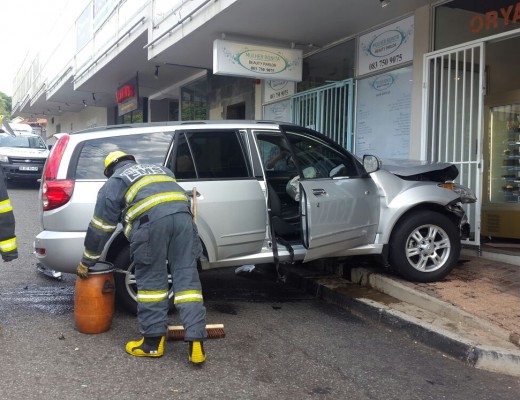 Vehicle crashes into shop window leaving the driver injured. Photo supplied.
