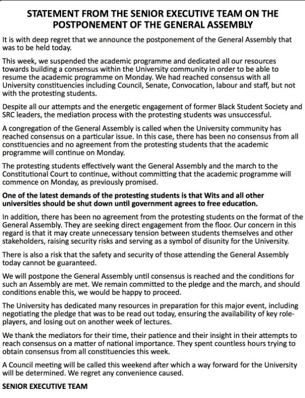 Statement released by Wits University regarding today's general assembly