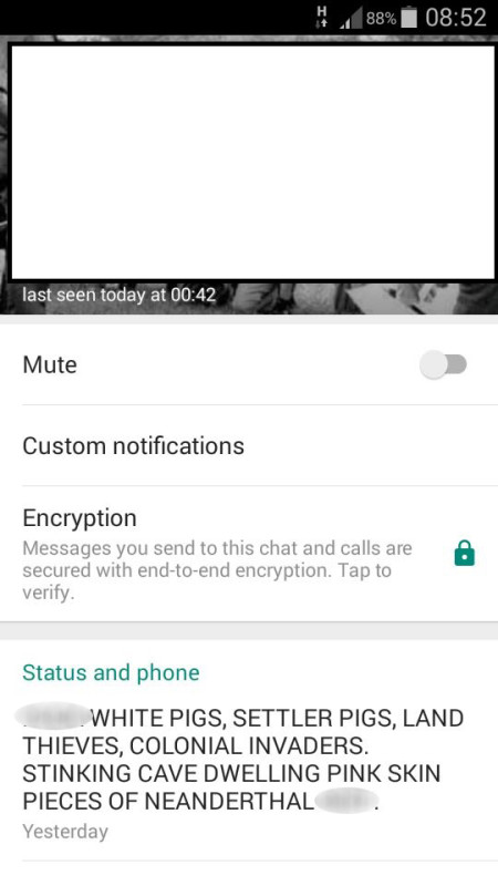 What is said to be a student's WhatsApp status has sparked an outcry. Photo: Screengrab/supplied.