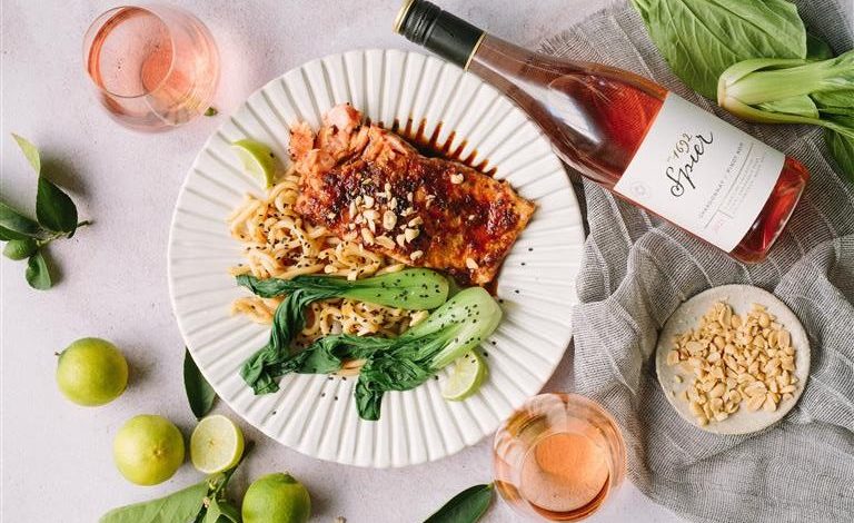 Saturday entertain, 6 November, Spier Signature Chardonnay Pinot Noir with honey, soy, and ginger-glazed salmon with pak choy and peanuts (Medium)