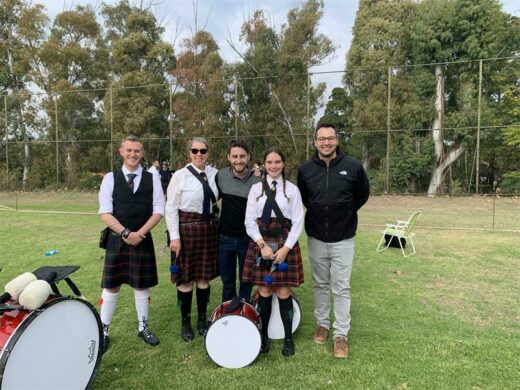 Duncan Pretorius, Lynne van den Berg, Michael Tusson, Lisa Hawthorne and Mirek Baran of the De La Salle Combined Pipe Band.