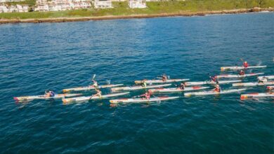 Surfski Singles head out of St Francis Bay.