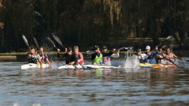 Men's K2 race with winners from Dabulamzanzi Canoe Club on the left, Wayne Jacobs and Bradley Boulle and second place finishers on the right, Rob Crighton and Michael John Robb.