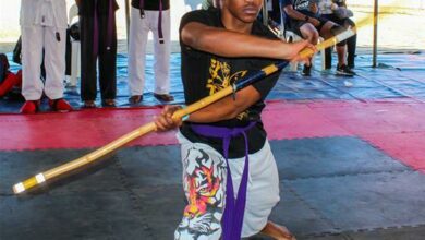 Tlhologelo Mashiane performs his gold-medal-winning weapons form.
