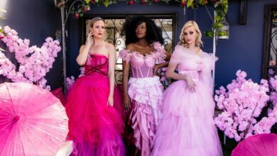 Sherinne Winderely, Bokang Montjane-Tshabalala, and Kayla Taylor wear dresses designed by Nadene Marx. Photo: Nadene Marx.