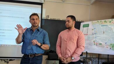 Director and volunteer of the non-profit organisation MSI Herman de Lange and Isaac Khan, a suburban solutions expert, give a presentation at a public meeting about the project. Photo: Emily Wellman Bain