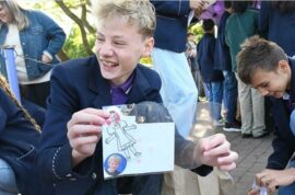 Matieu van der Vyver laughs at one of his drawings.