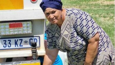 Yola Minnaar is a community volunteer in nearby Jan Hofmeyer, seen collecting water from a tanker recently.
