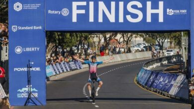 Kent Main crosses the finish line first.