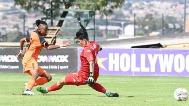 UJ’s Gugu Dhlamini scores past JVW FC goalkeeper Kaylene Swart.