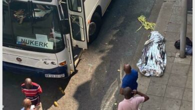 One body is covered on the pavement in Braamfontein after the shooting on February 29. Photo: X (@pmcafrica)