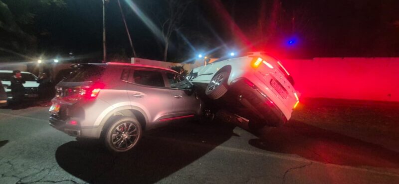 Despite the severity of the crash, which nearly flipped a vehicle, no injuries were reported as authorities arrested the driver of the silver Chery Tiggo for driving under the influence.