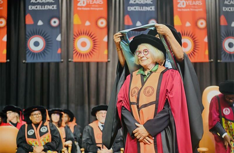 Writer and academic Antjie Krog was recognised by the university for her contribution to literature, language, and public thought.