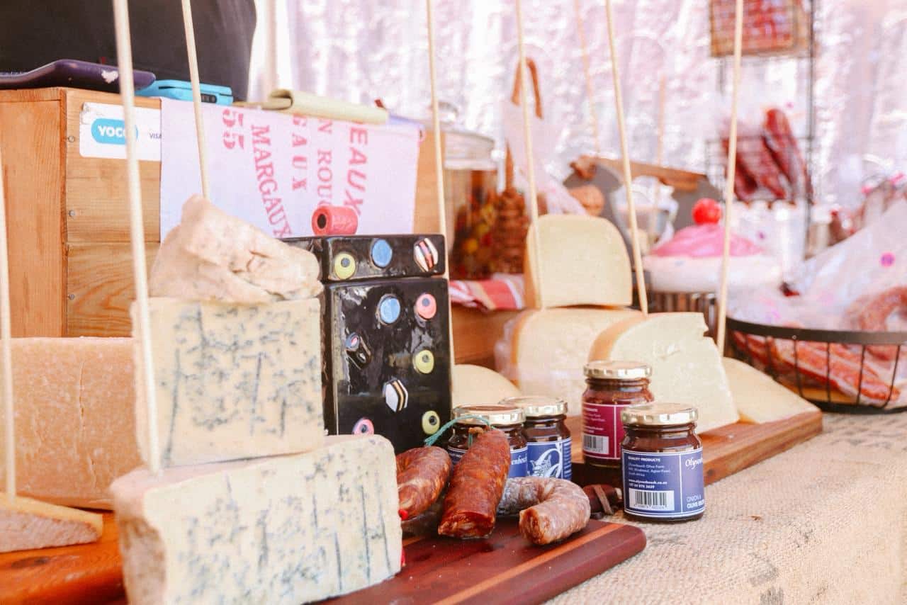 An assortment of cheese, cold meats, and preserves at a stall at the Melville Market on October 25, 2025. Photo: Neo Phashe