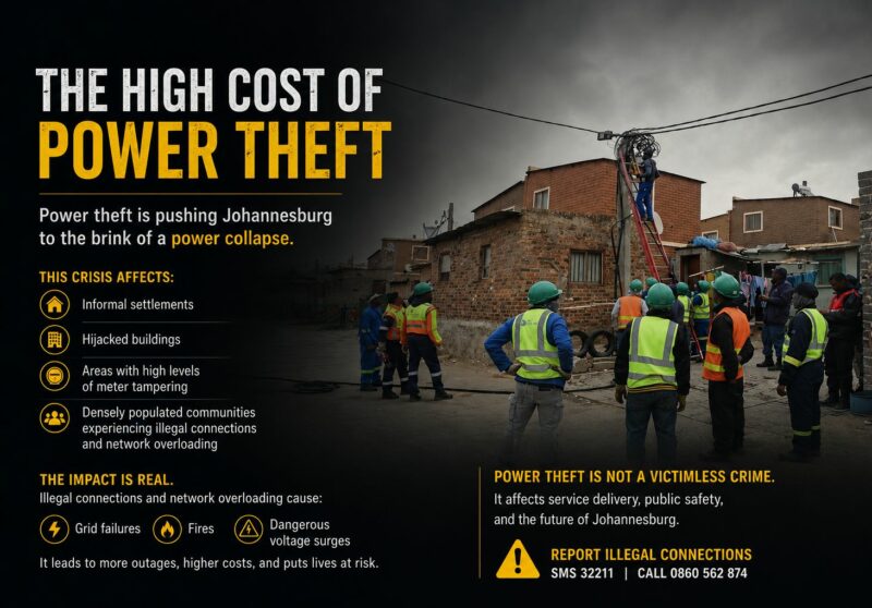 City of Johannesburg’s electricity utility, City Power, says most of its 27% electricity losses stem from illegal connections and meter tampering, with billions also lost to unpaid accounts.