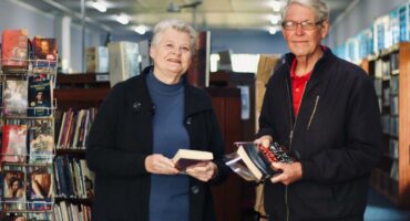 Friends of Linden Library volunteers Alec Linde and Maureen Freeman on July 7, 2026 at the Linden Library. Photo: Neo Phashe