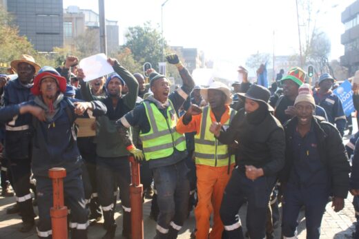 Workers chant and sing outside Johannesburg Water head offices in Newtown on August 7, 2026. Photo: Waydon Jacobs