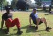 Dennis Dlomo (left) and Alex Spoor take part in a bodyweight exercise session on October 10, 2026, in Brixton. Photo: Waydon Jacobs