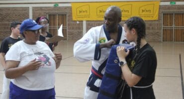 Participants line up to deliver a striking blow during the self-defence class on October 10, 2026, at Danie Van Zyl Recreation Centre in Newlands. Photo: Waydon Jacobs