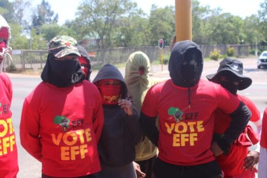 Masked EFF members protest in front of UJ APK Campus on October 26, 2026.  Photo: Waydon Jacobs