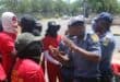 Officers tries to negotiate with the masked EFF protesters on October 26, 2026, at UJ APK Campus Photo: Waydon Jacobs