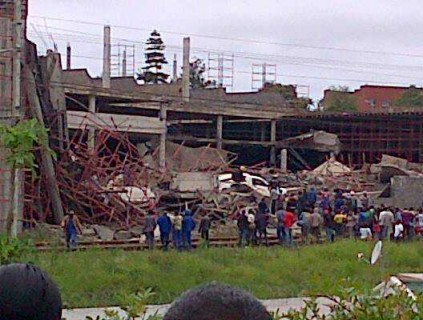 Up to 50 people are feared dead after a section of Tongaat’s new mall collapsed on construction workers this afternoon. (Photo taken with a cell phone.)
