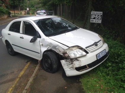 The white Corolla that was involved in an accident with a bakkie in Ballito earlier today.