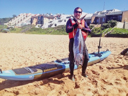 Little did Jaco Tredoux know when he took his fishing ski out on Saturday at Salt Rock that he had an appointment with destiny in the form of this 24kg yellowfin tuna. After taking his trawled sardine bait, the fish towed Jaco around for more than 2 hours. When he eventually landed the beast he realised that his treble hook was only secured to the fish’s dorsal fin which helped explain the marathon fight.