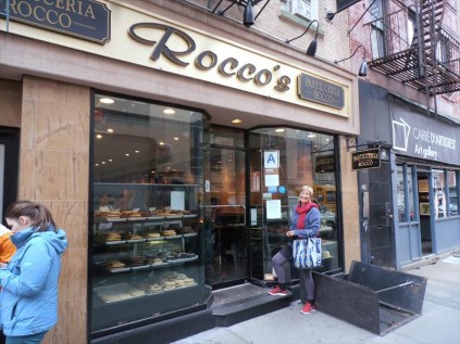 Rose wrapped up against the freezing cold outside Rocco's Pasticceria in New York.