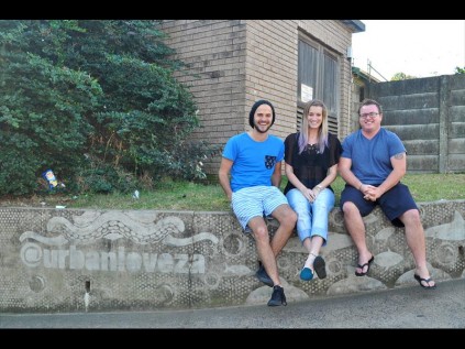Warrick Shannon, Tamryn Lambson and Dustin Scott from Urbanloveza sit beside their first reverse grafitti project at Willard Beach for the Mr Price Pro.